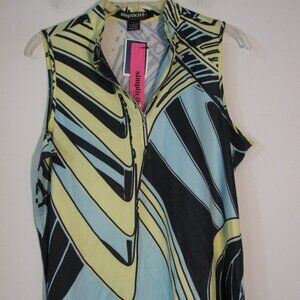 Simplicite Blouse Large NWT $37 Zipper Neckline Colorful Greens Blue Black